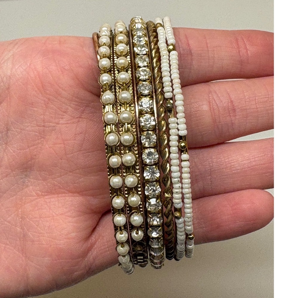 Gold Tone Bangle Bracelet Set 6pc Faux Pearl Rhinestone Beaded Stackable J1681